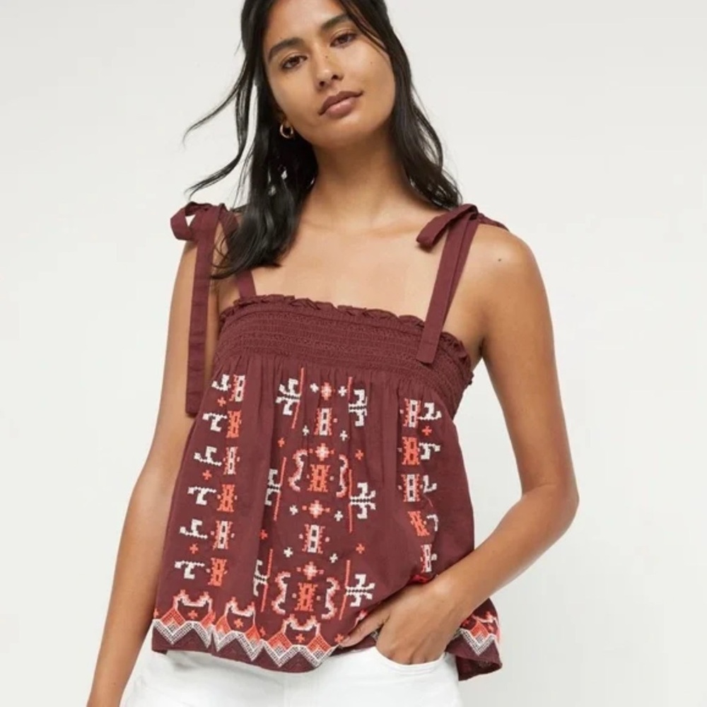 Anthropologie Embroidered Tie Strap Boho Top Brown Medium NWT‎